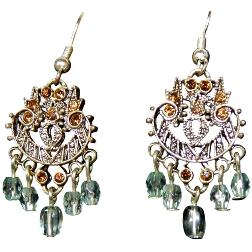 Vintage Gold Rhinestones Pale Blue Beads Chandelier Earrings